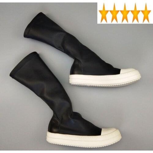 Stretch Long Street Women Platform Slip-On Knight Casual Black Flat High-Top Sneakers Leather Mid-Calf Boots Female
