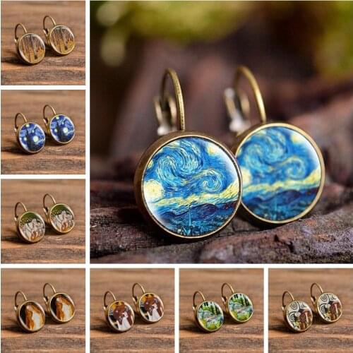 Fashion Bronze Color Simple Style Earrings Van Gogh Famous Artist Starry Night Stud Earrings Glass Cabochon Jewelry Women Gifts