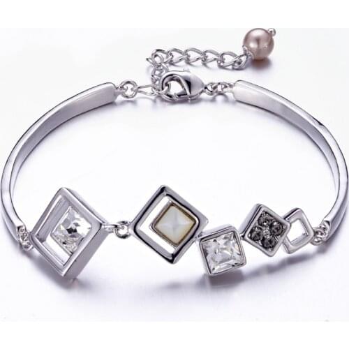 COCOM Geometric Female Adjustable Cuff Bangle Bracelet with Square Crystal from Austria Plated with Rhodium for Women and Girls