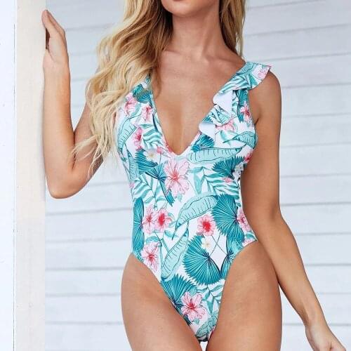 Women Ruffle Swimsuit One Piece Printed Swimwear Slimming Bathing Suit Summer Vintage Beachwear Sexy V Neck Brazilian Bodysuit