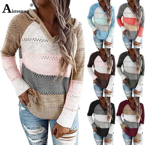 2020 Plus size 4xl 5xl Hoodies Women Sweaters Autumn Long Sleeve Patchwork Color Knitted Tops Streetwear Femme Hooded Pullovers