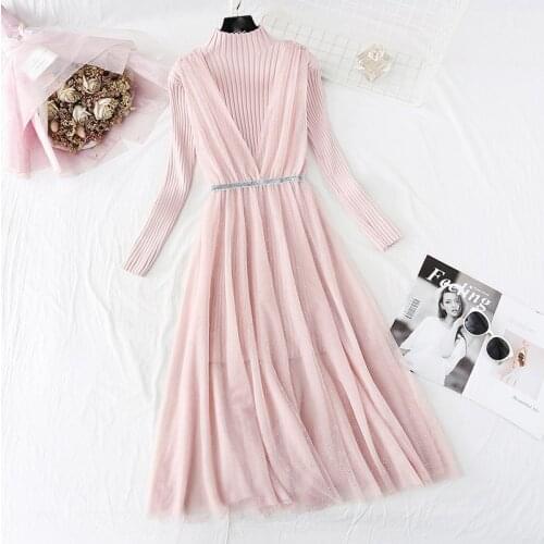 High Quality Knitted Dress Women 2020 Autumn Winter High waist Elegant Long Sleeve Sweater+Suspenders Long Mesh Dress Two-piece