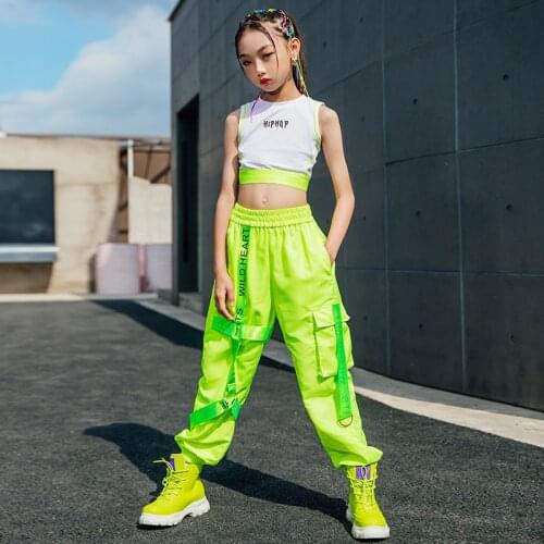 Children Hip Hop For Girls White Vest Fluorescent Green Pants Street Dance Kids Jazz Costumes Performance Rave Clothes Outfits