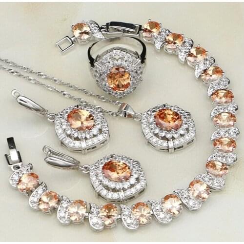 Trendy Orange White Cubic Zirconia 925 Silver Jewelry Sets For Women Wedding Earring/Pendant/Necklace/Bracelet/Ring 4PCS