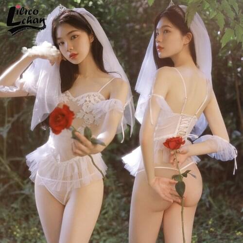 5Pcs Backless Lace Women Bridal Outfit Mesh Bandage Sexy Embroidery Erotic Lingerie Perspective Skinny Role-playing Costumes New