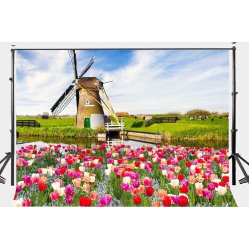7x5ft Nature Landscape Backdrop Colorful Flowers Backdrop Windmill Photography Background