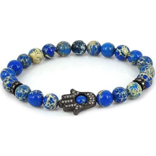 8mm Imperial Natural Stone Beads Bracelet Fatima Paved White CZ Hand Hamsa Stretch Elastic Mens Stone Bracelet