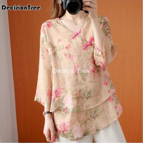 2021 female floral printed chinese top daily casual blouse national chinese style hanfu tops for women cotton linen thin blouse