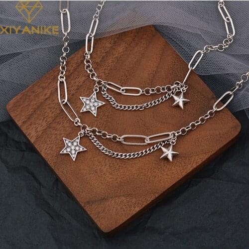 XIYANIKE 925 Sterling Silver Double Layer Zircon Five-pointed Star Thai Silver Necklace Bracelet Female Light Luxury Exquisite