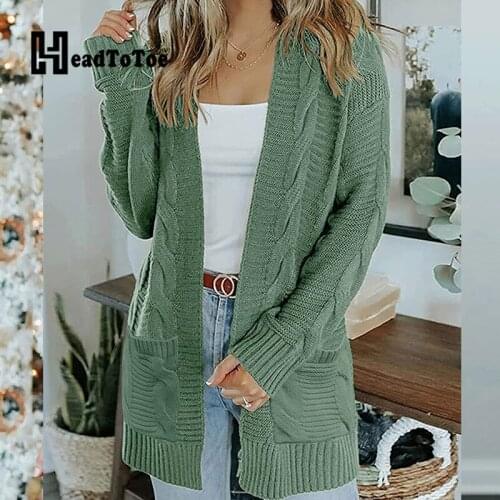 Solid Long Sleeve Pocket Design Open Stitch Knitted Tops Women Casual Long Cardigans