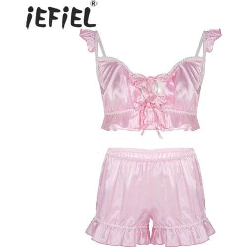 Men Pajama Set Sissy Sleepwear Nightwear Hallow Out Cropped Tank Tops with Casual Hot Pants Fashion Two-piece Lingerie Costume