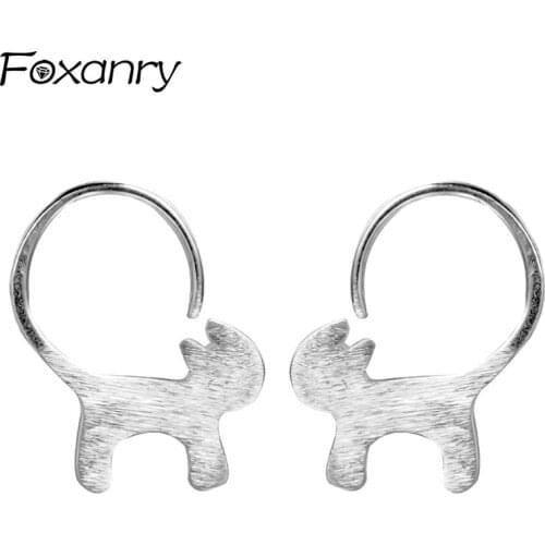 Foxanry Prevent Allergy 925 Sterling Silver Stud Earrings 2021 Trendy Elegant Creative Matte Texture Cat Cute Girl Party Jewelry