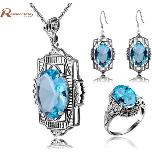 Turkish Vintage Jewelry Sets Sculpture Sky Blue Rhinestone Pendant & Earrings Ring Crystal 925 Silver Women Dress Sets Bijoux