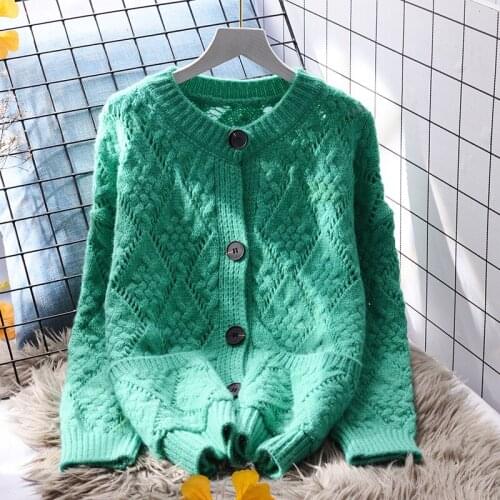 Green Hollow Out Knitted Women Sweater Cardigan Winter Long-Sleeved Sweet Style Female Outwear Coats Tops