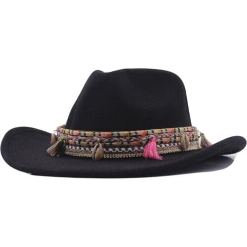 Womens Fedora Hat Wool Black Jazz Hats Female National Casual Large Brim Vintage Autumn Classic Felt Hat And Cap 2021