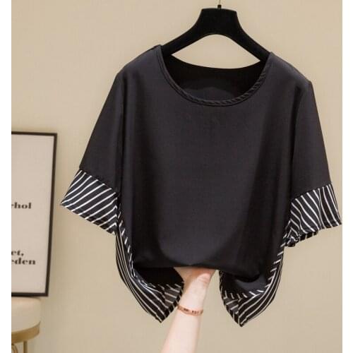 Striped Stitch Short-Sleeved Plus Size Oversized Korean Fashion Summer WomenS Clothing Vintage Shirts Blouses Top New 2021