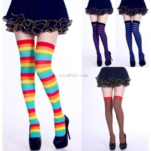 Womens Long Striped Socks Contrast Color Thigh High Cosplay Halloween