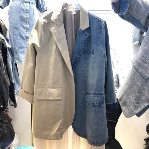 Female Suits Outwear Black Blazer 2021 Spring New Streetwear Loose Women Jacket Korea Mesh Patchwork Denim Design Long