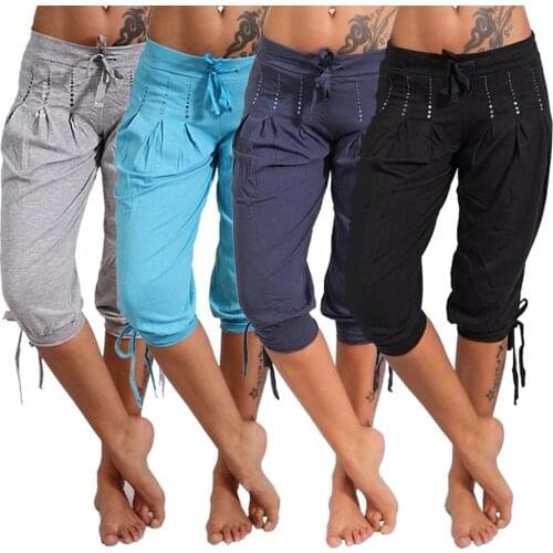 Women Casual Low Rise Drawstring Rhinestone Pleated Sports Capri Pants Shorts