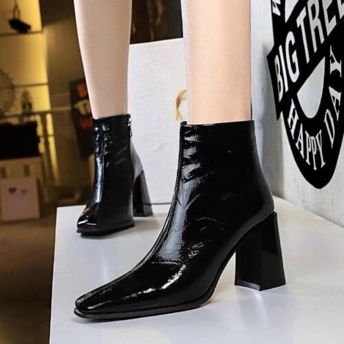 Winter Boots Women Thick Heel High Heel Square Head Wrinkled Patent Leather Show Thin Nightclub Sexy Winter Womens Short Boots