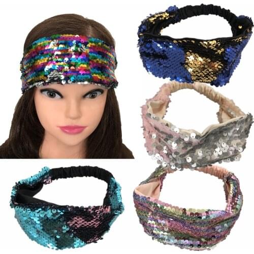 XIMA 16pcs/lot 2018 Fashion Women Reversible Sequins Fabric Headband Elastic Glittering Hair Band for Party Accessories