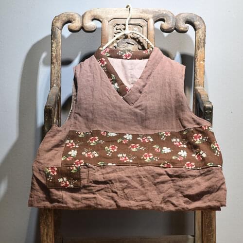 Women Loose V Neck Patchwork Linen Padded Vests Waistcoat Tops Ladies Vintage Spliced Flax Cotton Vests Female 2020Autumn Winter