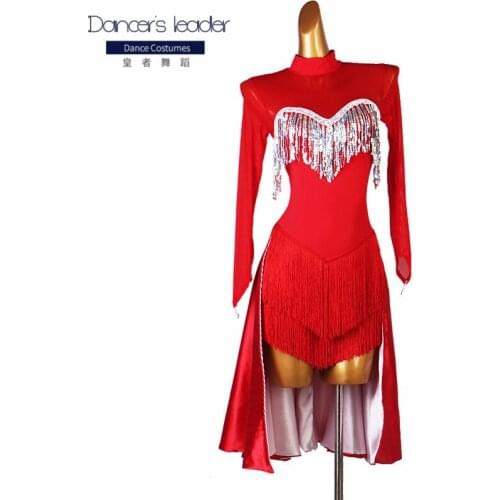 Customized Latin dance dress woman red tassel dance practice suit adult elegant stage competition costume