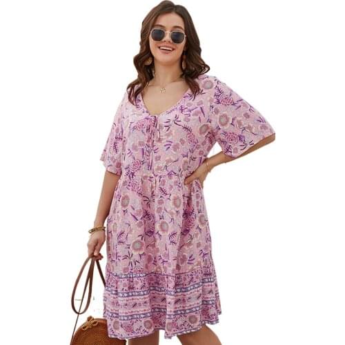 2021 Summer Plus Size Dress For Women Short Sleeve Pink Sweet Little Fresh Printed A-line Beach Party Holiday Dress Work Casual