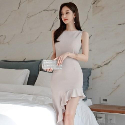 New arrival women fashion bodycon dress temperament korean style summer elegant ruffles sleeveless chiffon asymmetrical dress