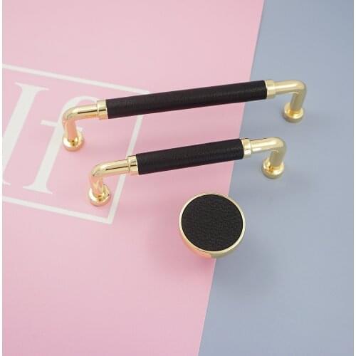 3.78'' 5'' Zinc Alloy + Leather Furniture Pulls Handles Gold Pulls for Cabinet Drawer Wine Cupboard Kitchen Doors Handle Knob