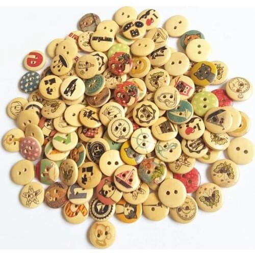 50/100Pcs/pcack Random Mix Painted Cartoon Round Wooden Button 2 Holes 15mm Mixed Wood Buttons Sewing Accessories For Clothing