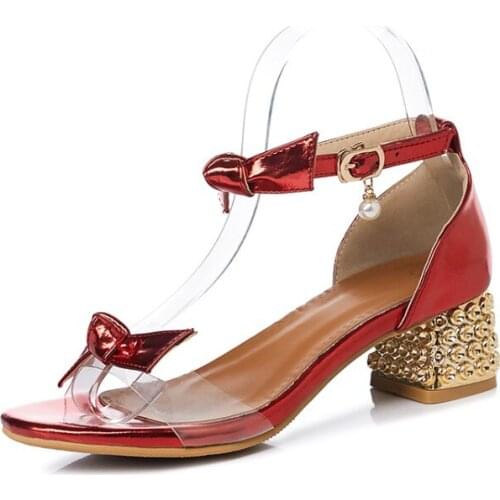 Oversized high heels sandals women shoes woman summer ladies open-toed Rough heel buckles Package the heel bowknot