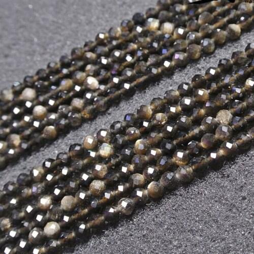 2/3/4mm Natural Gold Obsidian Stone Beads Round Faceted Spacer Tiny DIY Loose Beads For Jewelry Making beads Accessories 38cm