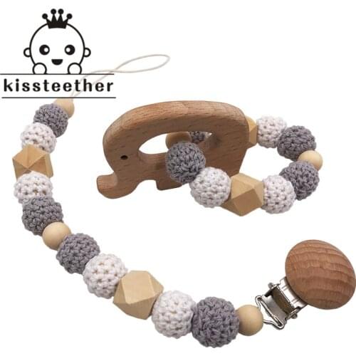 Baby Teething Toys Crochet Beads Elephant Teether with Pacifier Clip Holder for Babies Boys Girls Infant Bracelet Shower Gift