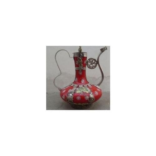 Design silver Superb Chinese red ceramic tea pot , Tibetan silver flagon tools wedding Decoration Brassroom Art Statue