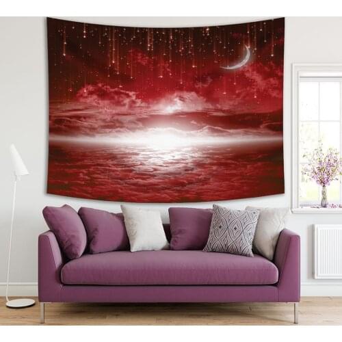 Tapestry New Moon Stars Clouds Glowing Horizon Astrology Nature Mystrical Dreamy Scenery Art Printed White Red