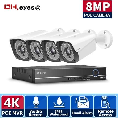 H.265+ 4CH 8MP 4K CCTV System POE NVR Kit 3840X2160 Audio Waterproof Metal IP Camera Bullet Home Security Camera System Xmeye