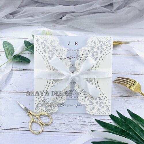 Graceful ivory laser cut floral wedding invitations, personalized invite with envelope
