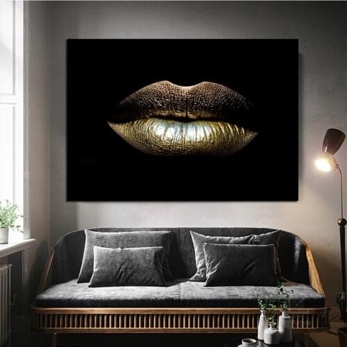 Black and Gold Sexy Lips Oil Painting on Canvas Beauty Makeup Art Cuadros Posters and Prints Wall Art Picture for Home Decor