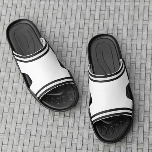 Leather slippers men genuine summer beach mens outdoor house indoor nice casual big size 47 open toe brand luxury slides Quality