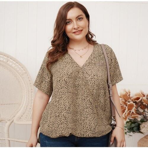 PlusSister Leopard Summer Womens Tops And Blouses Casual V Neck Loose Half Sleeve Female Tunic Cotton Plus Size Women Clothing
