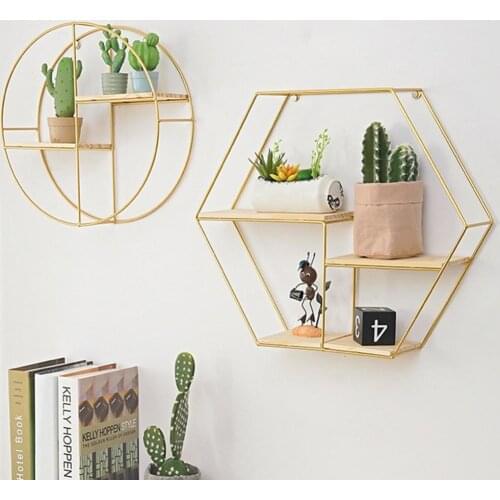 Metal Wooden Storage Rack Wall Hanging Book Figurines Flower Pot Display Shelf Geometric wrought iron construction Solid wood