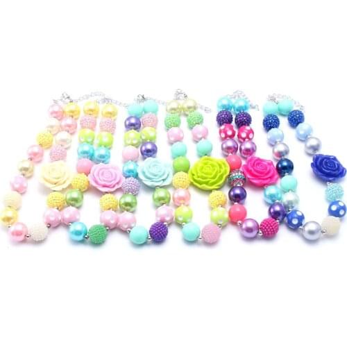 MHS.SUN 2Pcs Colorful Kids Girls Chunky Beads Necklace With Flower Child Bubblegum Necklace Handmade Party Jewelry For Gifts