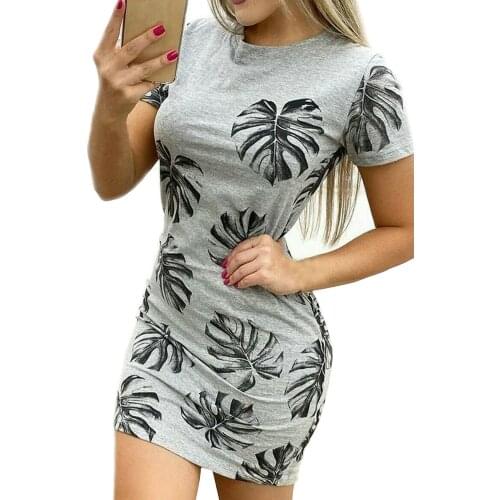 Fashion Women Leaf Printed Bodycon T-shirt Dress Summer Ladies Casual Round Neck Short Sleeve Dresses