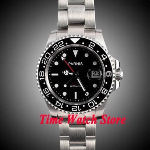 40mm parnis black dial red GMT hand luminous ceramic bezel sapphire glass automatic movement mens watch 146 relogio masculino