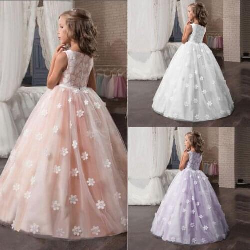 Fancy Flower Long Prom Gowns Teenagers Kids Dresses For Girls Children Party Dress Princess Bridesmaid Wedding Formal Costume