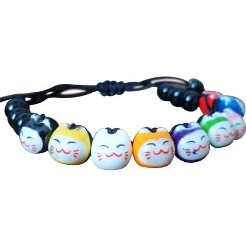 New 9 Cat Lovely Ceramic Lucky Cat Maneki Neko Fortune Bracelet Valentines Day Japanese Bangle Charm