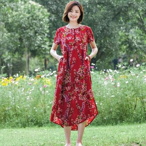 Women Summer Printed Short Sleeve Qipao Dress Ladies Vintage Print Floral Dresses Female Loose Dress