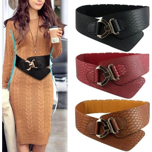 New Fashion Woman Waist Belt PU Leather Snakeskin Pattern Oblique Elastic Personality Ladies Girls Super Wide Belts LXH