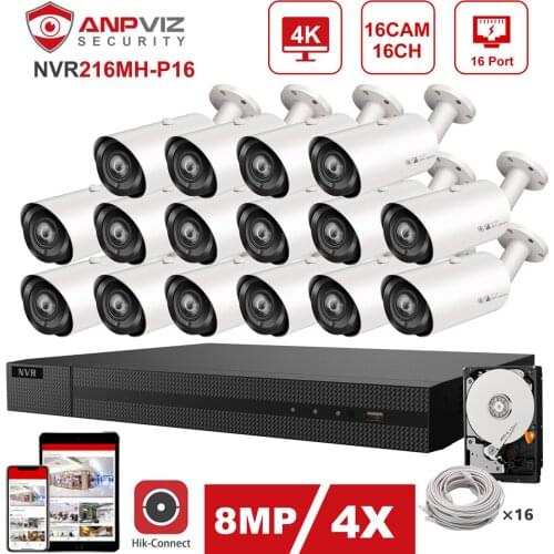 Hikvision OEM 16CH 4K NVR Anpviz 8MP 4X POE IP Camera System Indoor/Outdoor 16pcs Bullet IP Camera Security System Kit IP66 30m